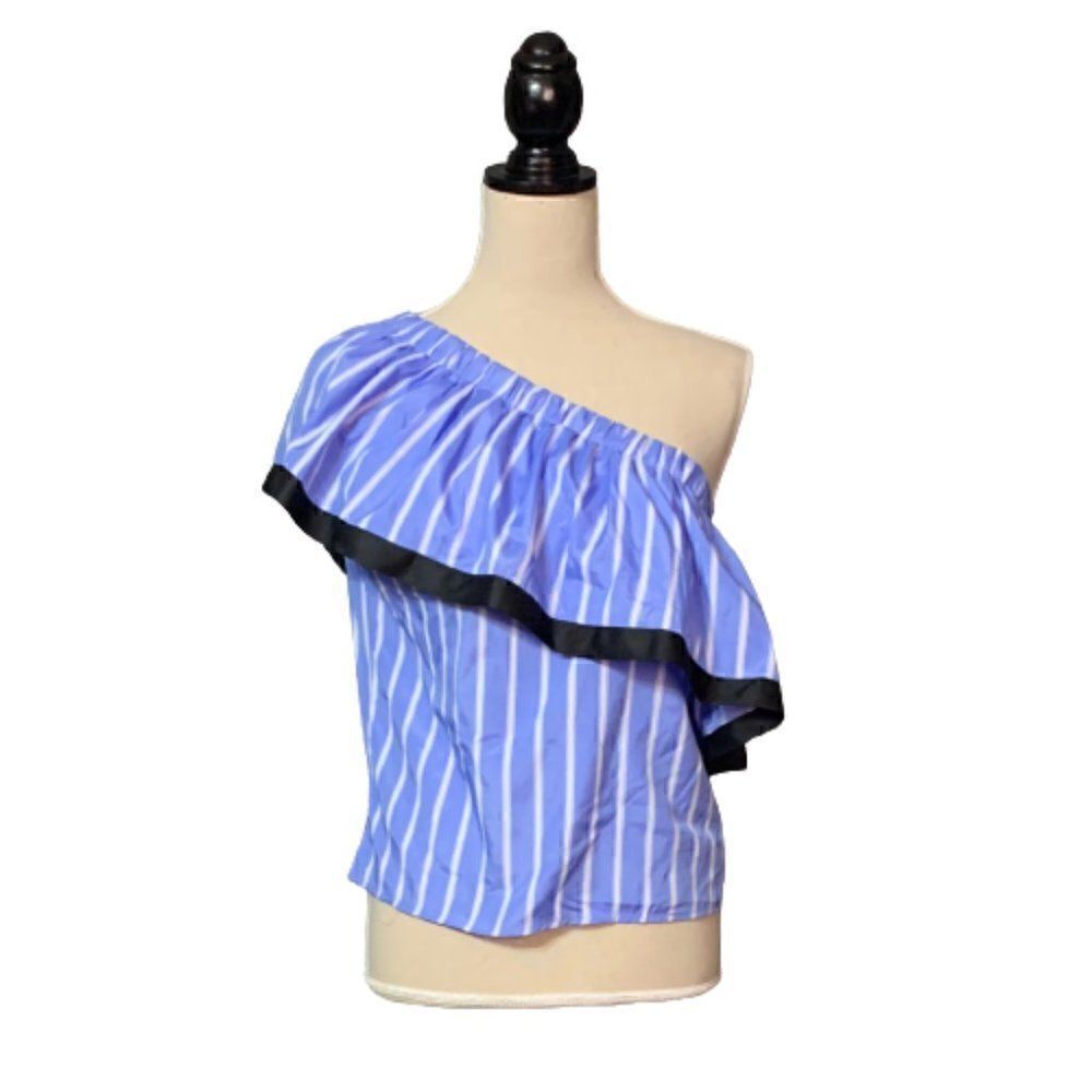 Blue Pin Stripe One Shoulder Blouse Sz XS